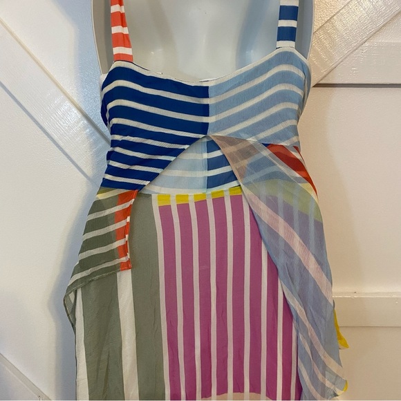 Tanya Taylor Goldie Striped Colorblock Patchwork V-Neck Handkerchief Midi Dress - Picture 11 of 14